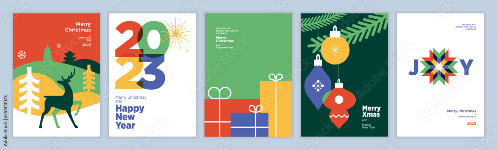 2023 Merry Christmas and Happy New Year greeting cards set. Vector ...