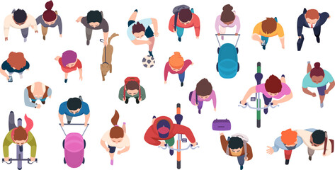 walking characters. top view persons walking in different action poses exact vector illustrations