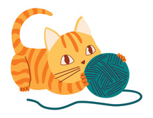 Doodle Cat. Cute And Funny Pet Vector Illustration. Cartoon Kitten Character Design. Adorable Animal Playing With Ball Of Yarn
