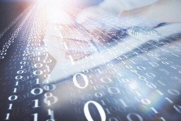 Fototapete - Double exposure of woman's hands on background with technology and digital coding icons. Data development concept. Close up.