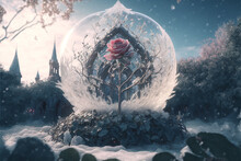 Roses Draped With Frost Fantasy Magical With Gothic Church Background.