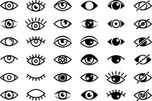 Beautiful Black Eyes Icons Collection. Images Of Open And Closed Eyes, Vector Observation And Search Signs