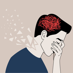 Depressed adult man with confused thoughts holds the head with her hand. The concept of mental illness. The neck is broken, support in life