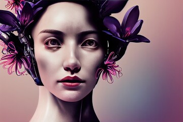 Wall Mural - humanoid cyborg, goddess of flowers, female robot with beautiful floral hairstyle