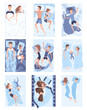 Sleep people on bed. Set of character lying in different postures during night slumber. Top view person sleeping in bed, asleep couple at bedroom. Female in pajamas or night dream position