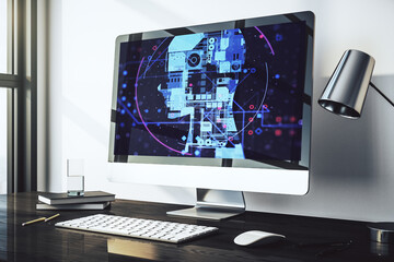 Modern computer monitor with creative artificial Intelligence symbol. Neural networks and machine learning concept. 3D Rendering