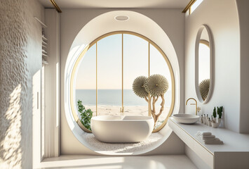 Wall Mural - Minimalist Modern Bathroom Sea View, House Sea View, 3D illustration Scandinavian Interior Design, Luxury Hotel Ocean View