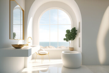 Minimalist Modern Bathroom Sea View, House Sea View, 3D illustration Scandinavian Interior Design, Luxury Hotel Ocean View