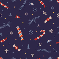 Wall Mural - Christmas seamless pattern with candy cane, sweets and snowflakes on a dark blue background, cartoon style. Trendy modern vector illustration, hand drawn, flat