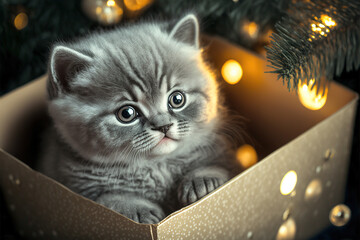 The perfect Christmas gift under the Christmas tree. Small cute baby animal, cute gray cat. Holiday illustration. A little kitty is packed in the present box.