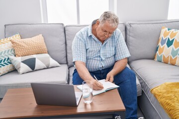 Poster - Middle age grey-haired man using laptop writing on notebook at home