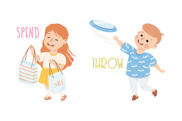 Sticker - Little Boy and Girl Spending Money on Shopping and Throwing Frisbee Demonstrating Vocabulary and Verb Vector Set