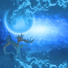 Wall Mural - Tree and moonrise with misty clouds