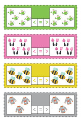 Mathematical tasks for logic, a worksheet, brainstorming.The child’s task is to count the elements in the sets and mark the appropriate sign: minority, majority, equality. Vector illustration
