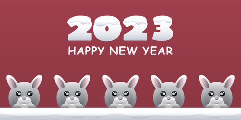 Red White Banner with Rabbits and Snow. Happy New 2023 Year.