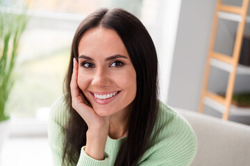 Canvas Print - Close up photo of nice good looking lady sitting workplace room modern office house enjoy free time finish working day rejoice weekend