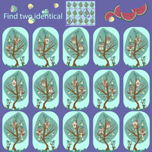 In A Fun Children S Puzzle Game For Children Under 7 Years Old, Find 2 Identical Pictures Of Birds On A Tree