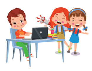 Wall Mural - Vector Illustration Of Kids With Computer and with a friend