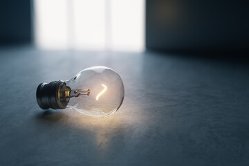 Wall Mural - Close up of glass lamp with illuminated filament on blurry concrete background. Energy, innovation and science concept. 3D Rendering.