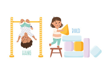 Poster - Little Boy and Girl Hanging on Bar and Building Tower of Blocks Demonstrating Vocabulary and Verb Studying Vector Set