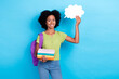 © deagreez - Portrait of positive cheerful optimistic girl wavy hairdo green t-shirt hold book rucksack mind cloud isolated on blue color background