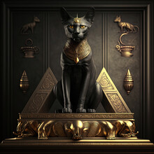 Black Egyptian Cat With Beautiful Gold Jewelry On A Dark Background. Figurine Of A Black Egyptian Cat Goddess Bastet. 