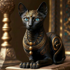 Wall Mural - Black Egyptian cat with beautiful gold jewelry on a dark background. Figurine of a black Egyptian cat goddess Bastet. 