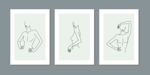 Wall Mural - Elegant one line sketches of female abstract face. Drawing minimalist line style. Trendy illustration continuous minimal art. Beauty woman body figure. Print of three frame set, contour, cosmetics.
