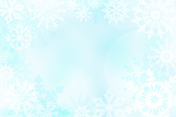 Wall Mural - Elegant snowflake winter sky in light blue and white colors. Snowflake wallpaper background. Snowy winter wonderland scene with copy space. Blizzard background