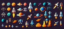 Space Game Asset 8 Bit Pixel Art. Galaxy Planets, Rockets. Vector Illustration