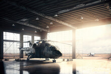 Military Helicopter Parked In Air Force Hangar Building