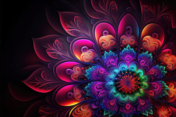 Wall Mural - Hypnotic fractal mandala pattern in colorful neon colors as background illustration