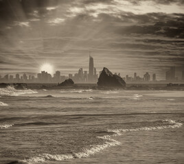 Sticker - Skyline of Surfers Paradise at sunset - Skyscrapers over the water - Queensland, Australia