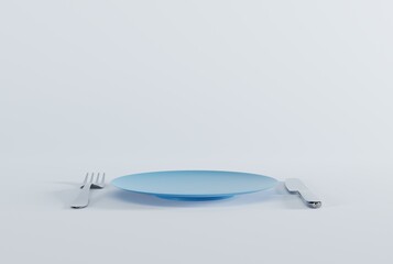 Wall Mural - Plate and fork and knife. The concept of eating, preparing a meal. An empty plate ready to be served. 3D render, 3D illustration.