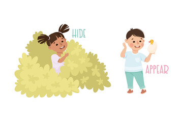 Wall Mural - Little Boy and Girl Hiding in Bush and Holding Egg with Appearing Chick Demonstrating Vocabulary and Verb Studying Vector Set