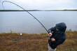 © Mat Hayward - Fisherman pulls a large coho salmon onto the riverbank of the Egegike river in Alaska. The heavy fish is bending the fishing rod and the man is reeling with strength to finish the catch