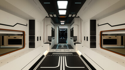 Wall Mural - futuristic science fiction space ship interior corridor with white walls and open door to cockpit. 3
