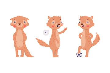 Poster - Cute Little Xerus Character with Pretty Snout Greeting and Playing Football Vector Set