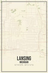 Retro US city map of Lansing, Michigan. Vintage street map.