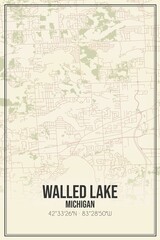 Retro US city map of Walled Lake, Michigan. Vintage street map.