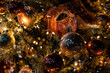 Blurred dark Christmas tree background with masquerade mask and festive lights, soft focus.