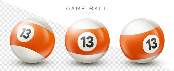 Wall Mural - Billiard, orange pool ball with number 13 Snooker or lottery ball on transparent background Vector illustration