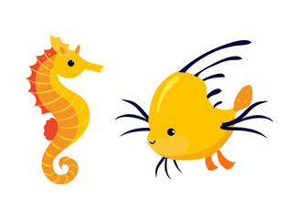 Wall Mural - Seahorse and Fish as Sea Animal Floating Underwater Vector Set