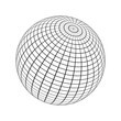 3D sphere wireframe icon. Orb model, spherical shape, grid ball isolated on white background. Earth globe figure with longitude and latitude, parallel and meridian lines