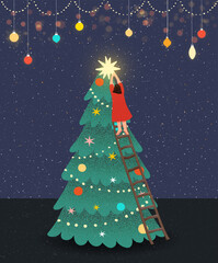 cute girl decorate christmas tree. woman put golden star on top. xmas or happy new year celebration 