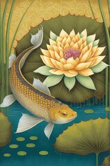 A golden fish swimming in a clear pond surrounded by colorful lotus flowers.