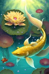 A golden fish swimming in a clear pond surrounded by colorful lotus flowers.