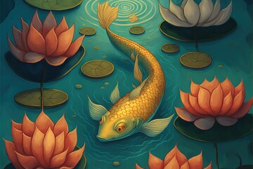 A golden fish swimming in a clear pond surrounded by colorful lotus flowers.