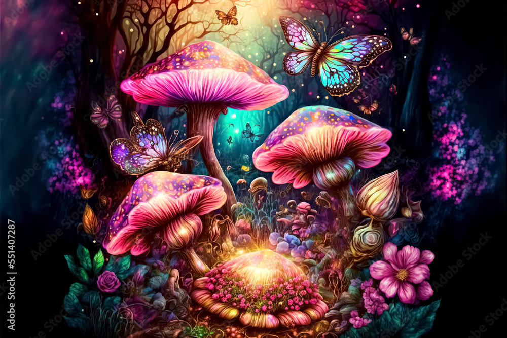 Magical fantasy mushrooms in enchanted fairy tale dreamy elf forest ...