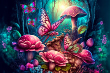 Magical Fantasy Mushrooms In Enchanted Fairy Tale Dreamy Elf Forest With Fabulous Fairytale Blooming Pink Rose Flower And Butterfly On Mysterious Background